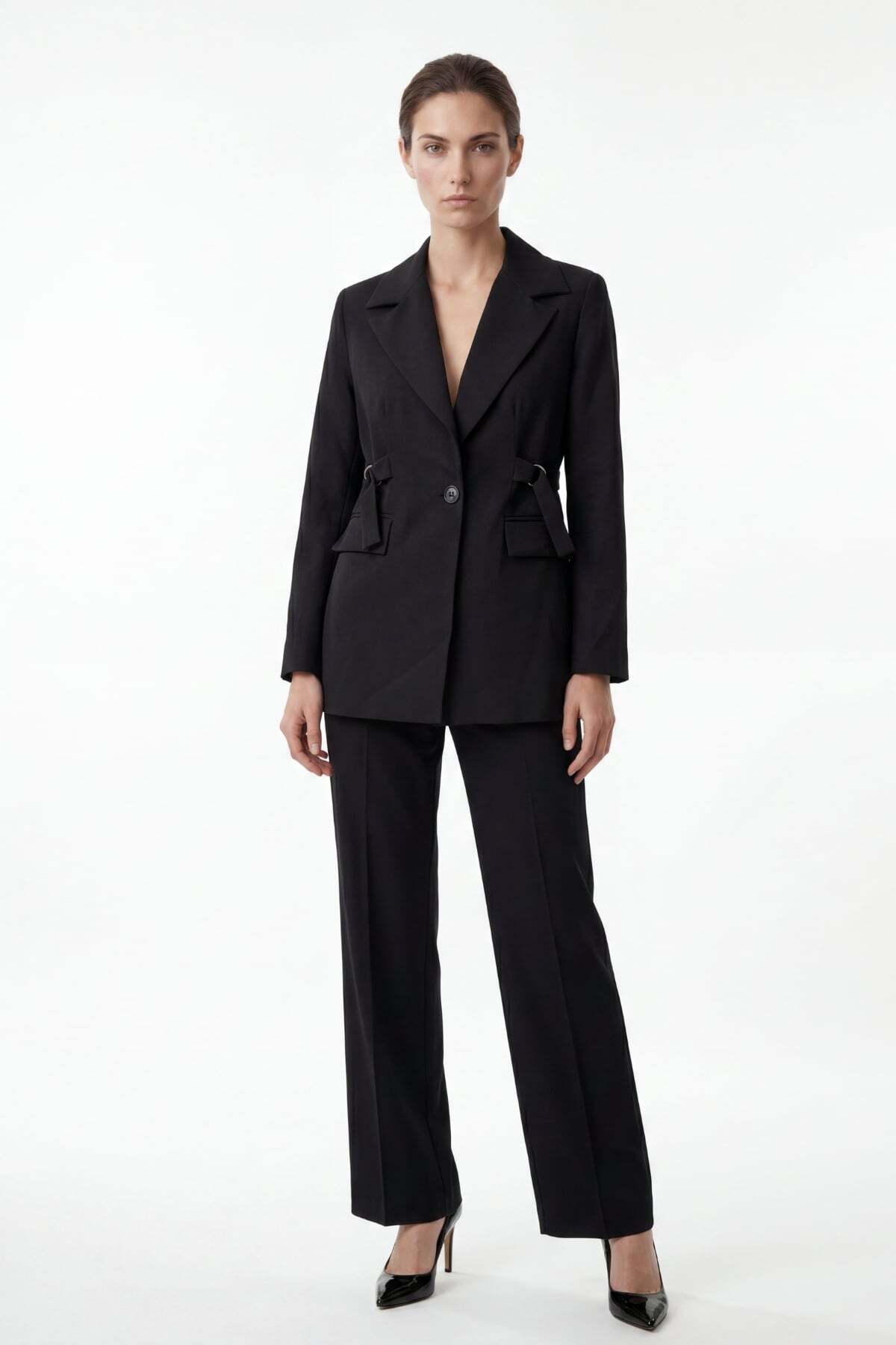 HAKKE Patterned Collar Detail Metal Buckle Blazer Suit