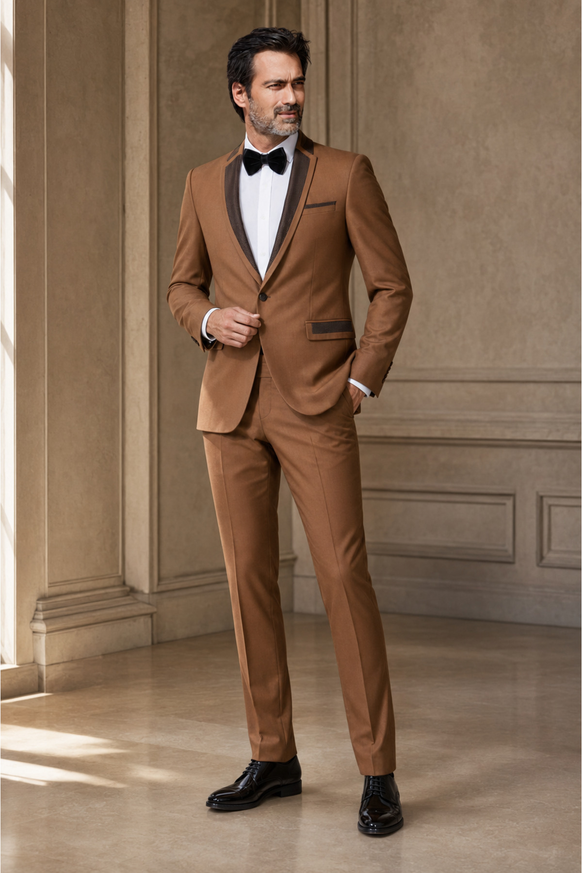 Erkek Slim Fit Damatlık Takım Elbise – Düğün İçin Özel Tasarım — قهوه‌ای 01-005-C65