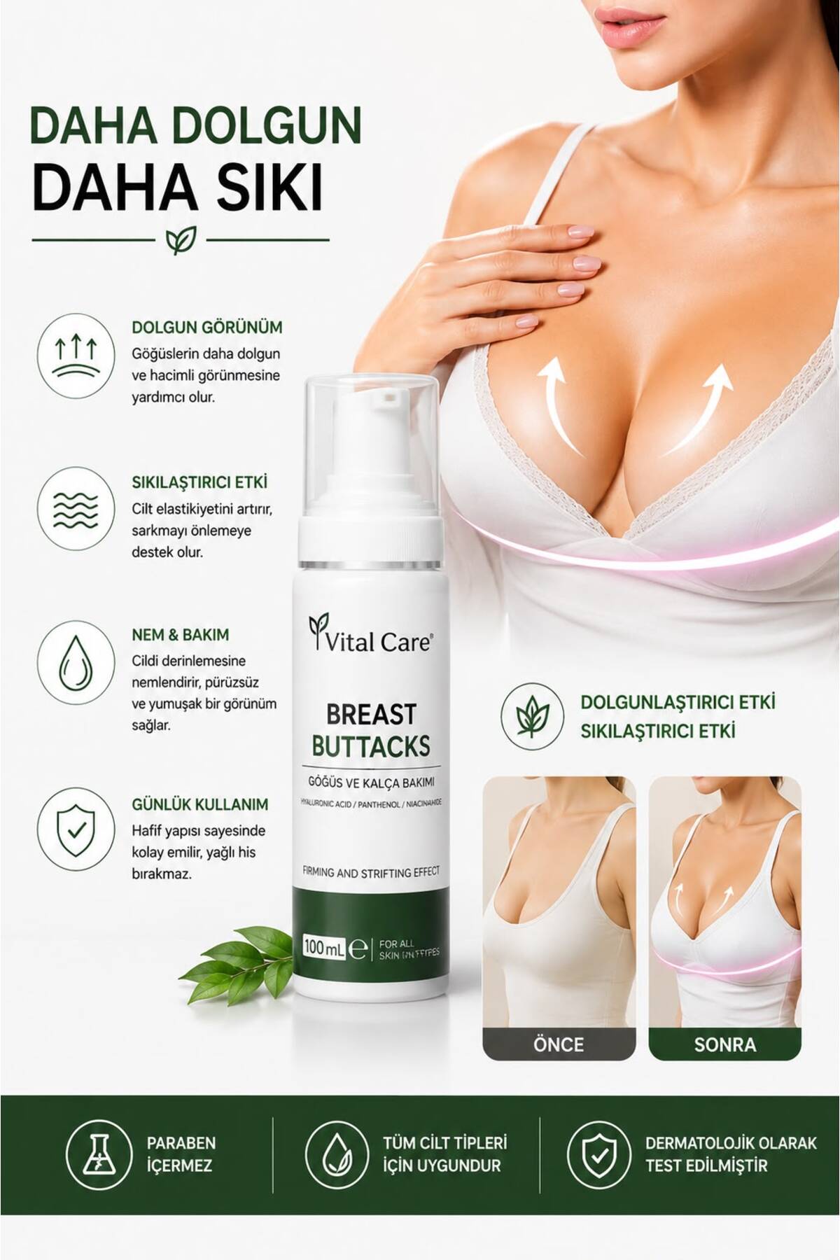 Vital care Göğüs Ve Kalça ,büyütcü,. Şekillendirici, Dolgunlaştırıcı, Çatlak Sarkıklık Giderici, Sıkılaştırıcı Krem 100ml