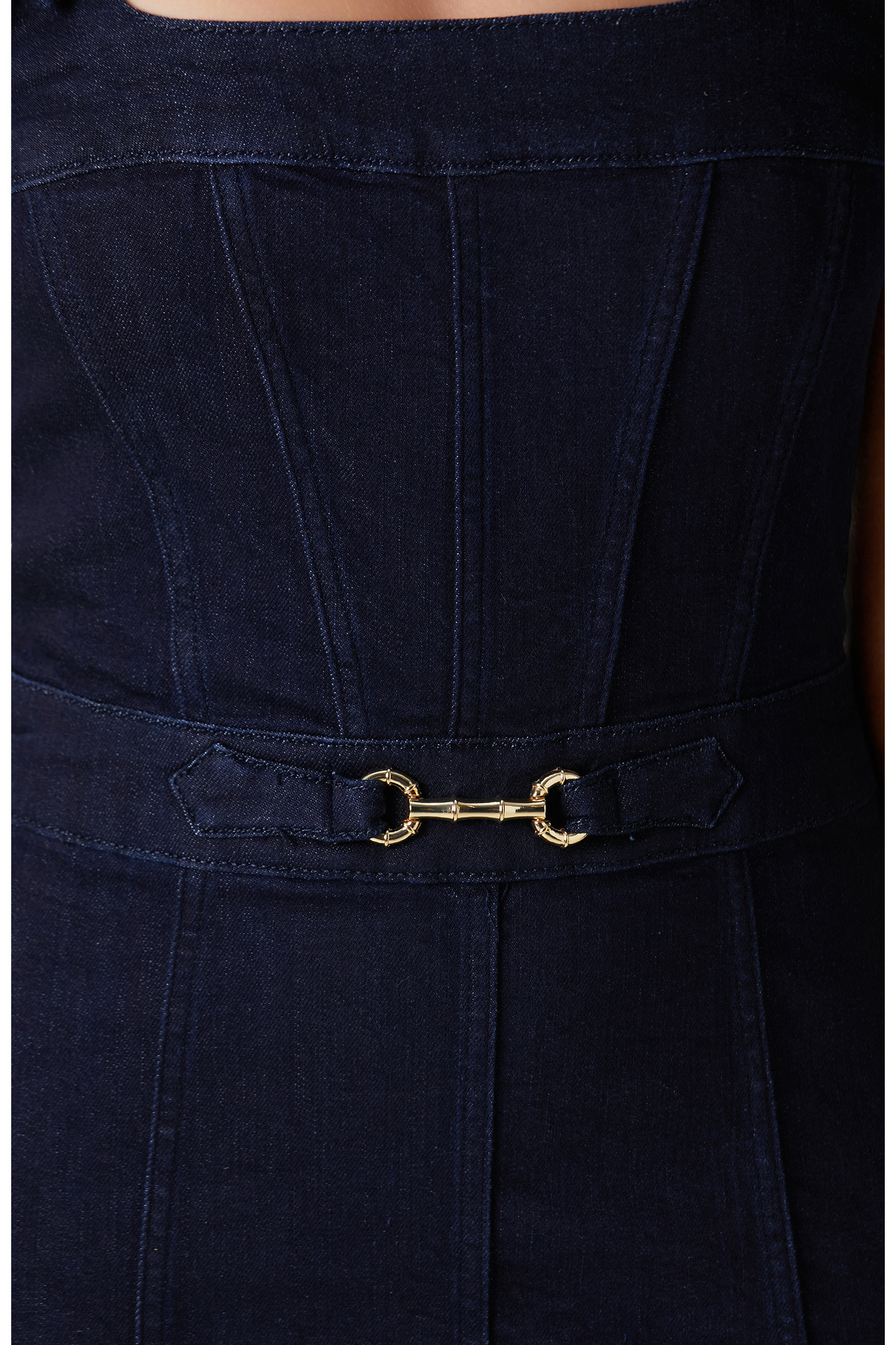 Network Koyu İndigo Mavi Toka Detaylı Mini Denim Elbise görsel 6