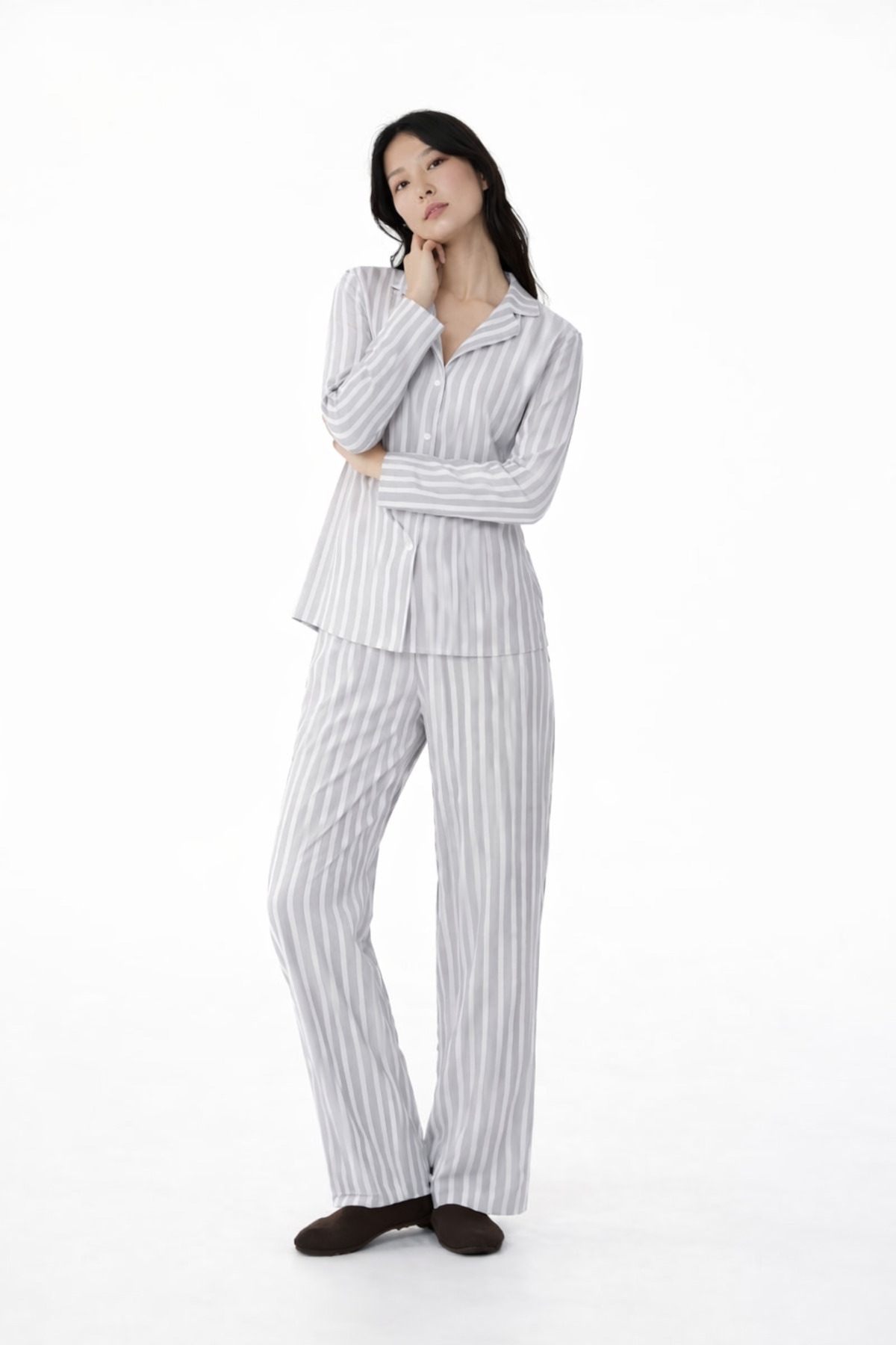 HAKKE Kadın Uzun Kollu Çizgili Pijama TAKIM