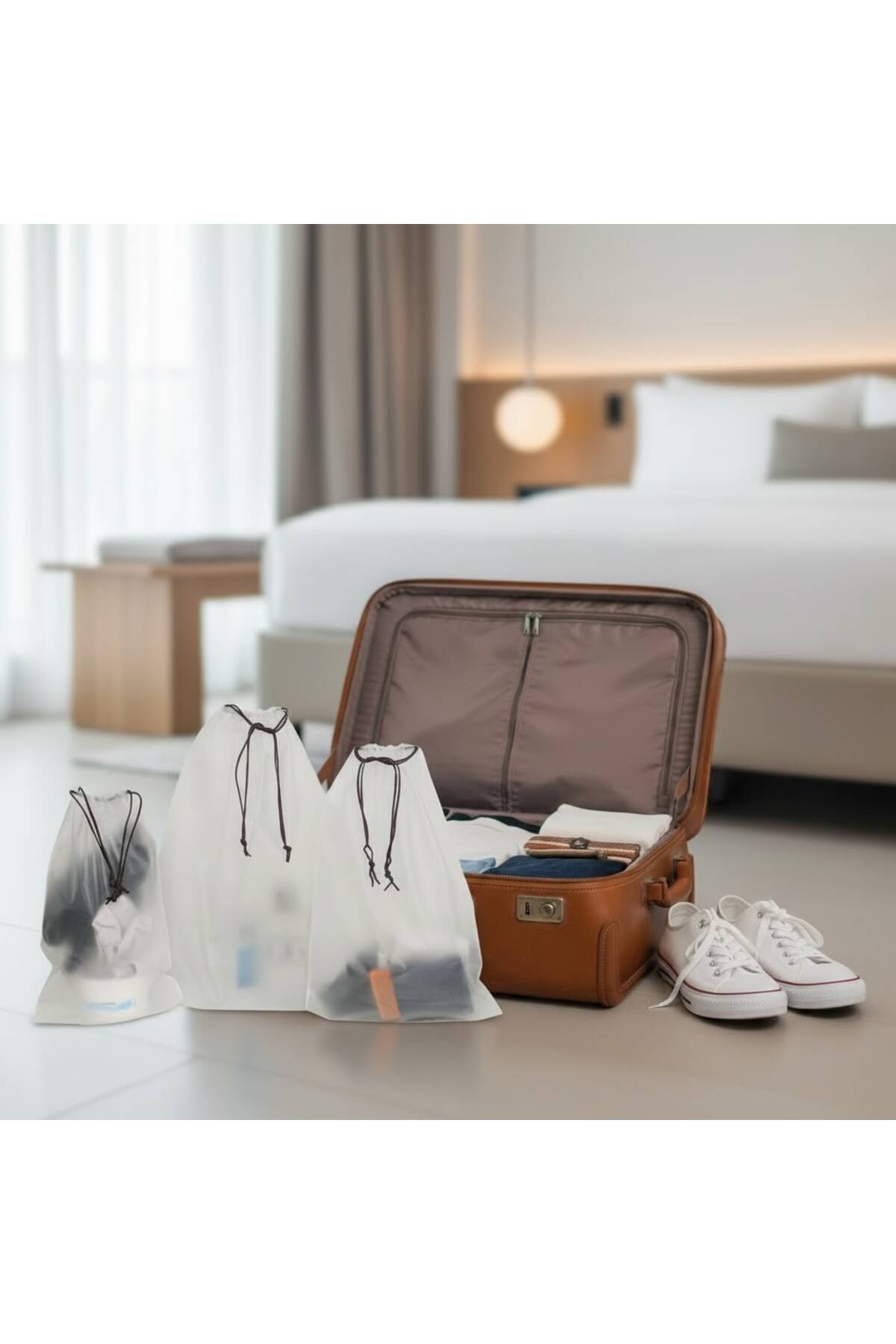 3lü Mix Set (S-M-L) Su Geçirmez Büzme Ipli Kozmetik Makyaj Tatil Çantası — سفید ŞMÇ20 — تصویر 4 از 5