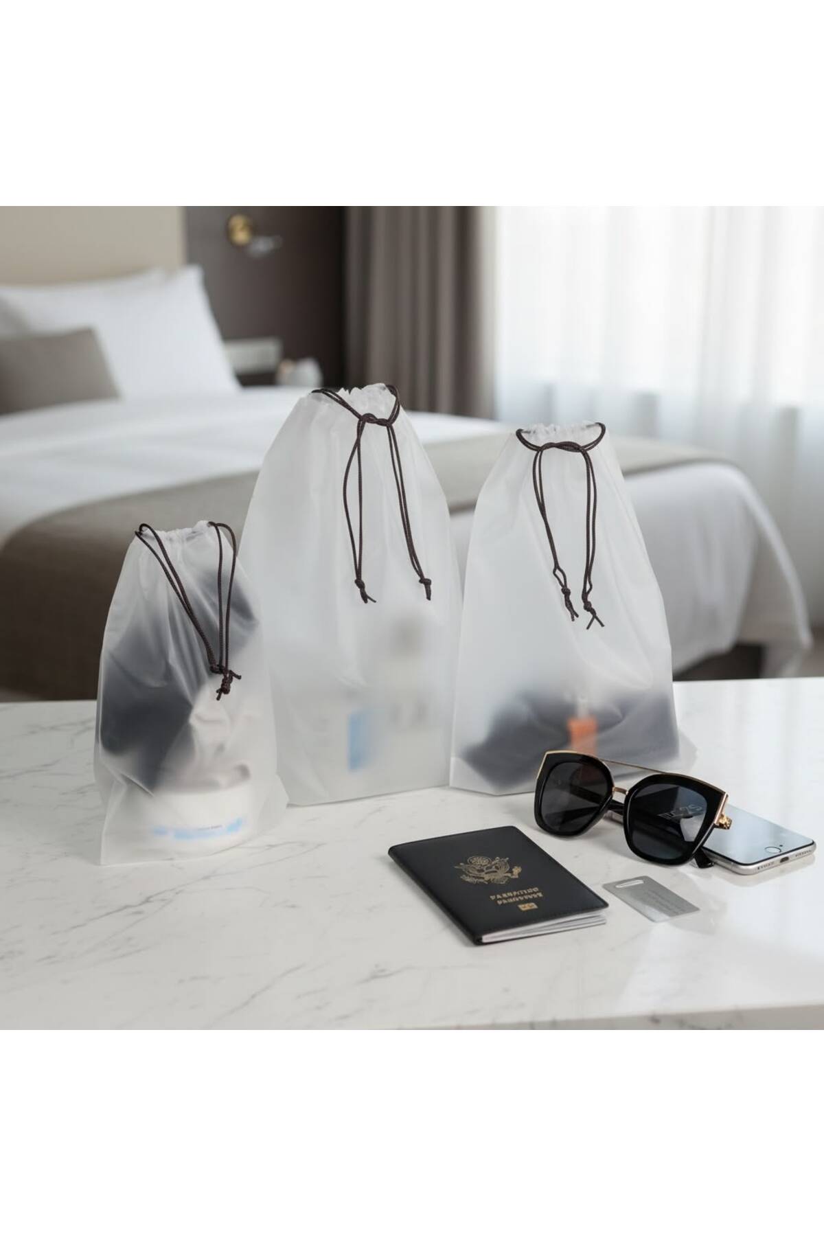 3lü Mix Set (S-M-L) Su Geçirmez Büzme Ipli Kozmetik Makyaj Tatil Çantası — سفید ŞMÇ20 — تصویر 5 از 5