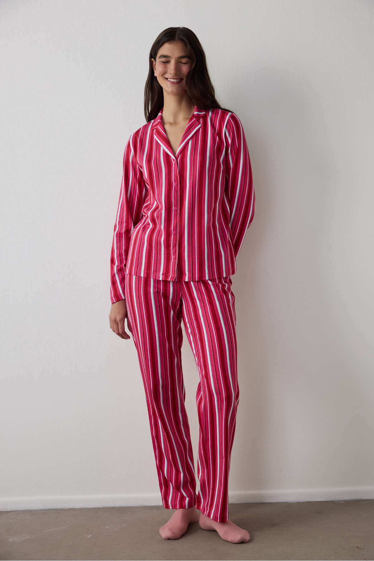 Penti Fuchsia Bloom Stripes Shirt Pants Pajama Set