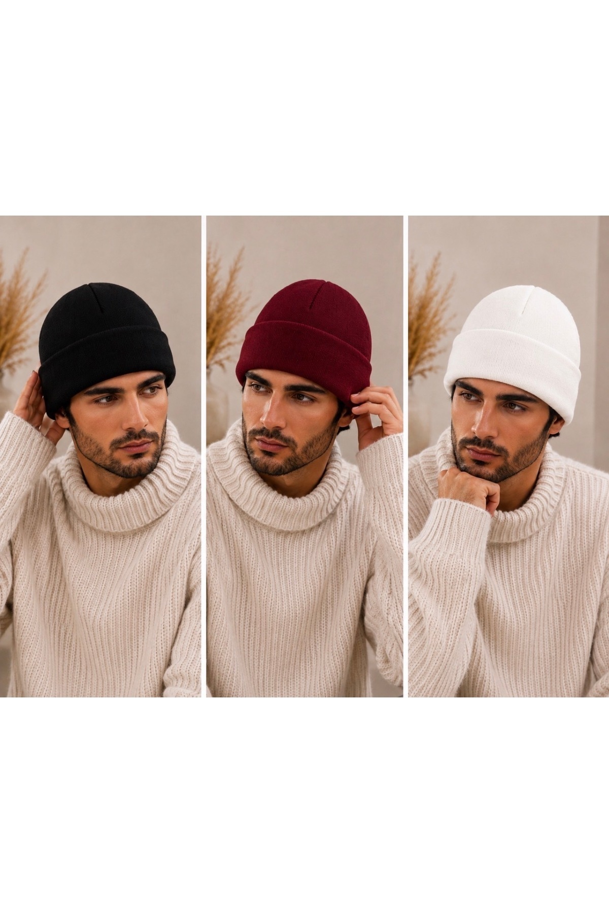 KAR-KIŞ ACCESSORIES UNISEX Siyah-Bordo-Beyaz LUX 3’LÜ BERE SET görsel 4