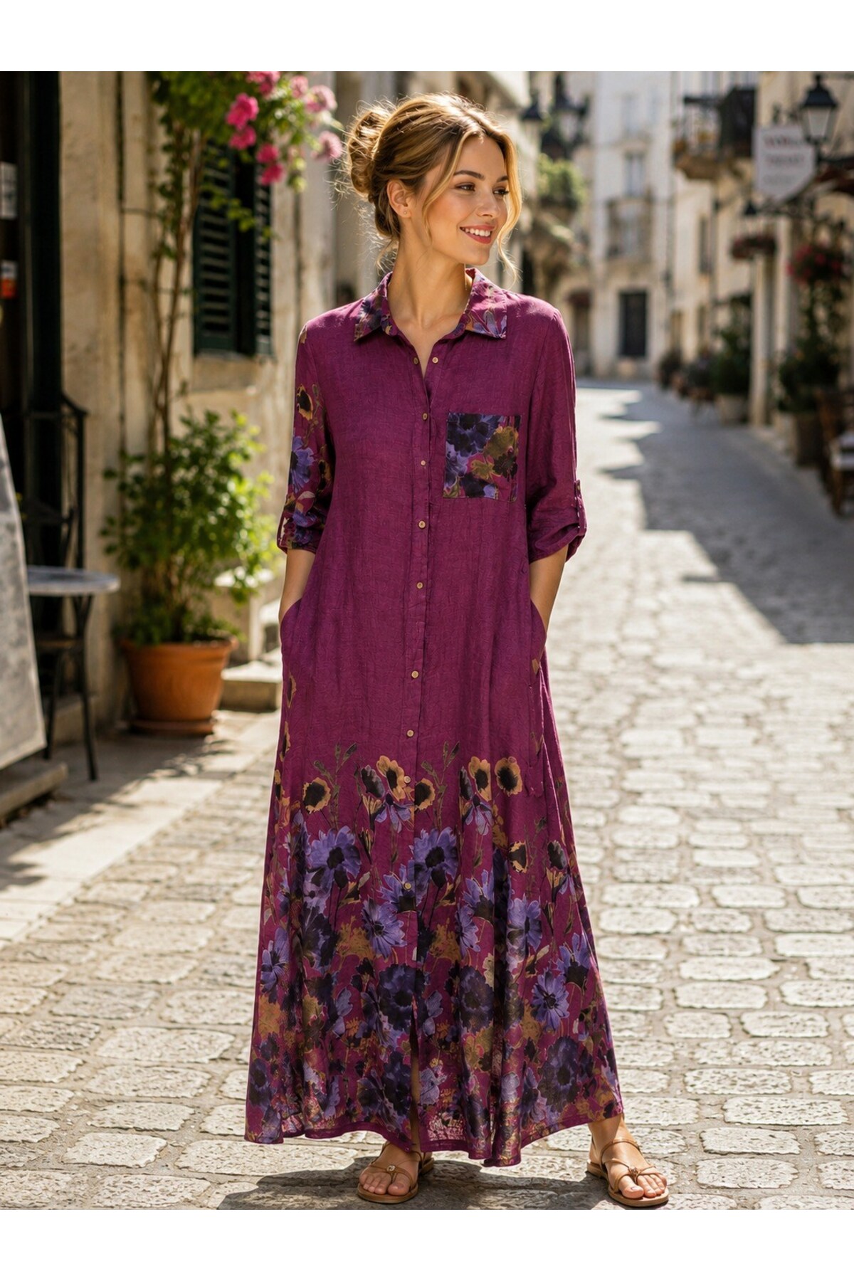 Bohem Stil Bohomian Italian Long Digital Floral Printed Linen Shirt Dress & Cap
