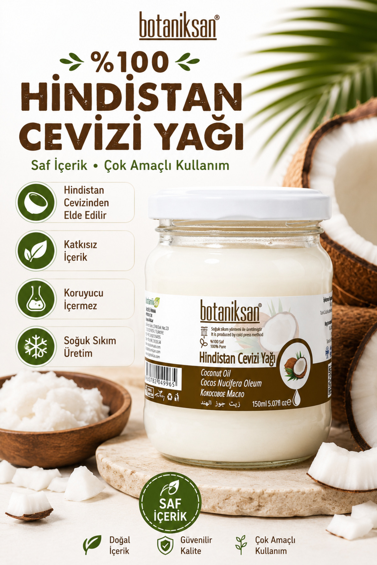 Hindistan Cevizi Yağı 150gr Soğuk Sıkım, Saf, Doğal, Katkısız — HİNDİSTAN CEVİZİ YAĞI 150GR — تصویر 2 از 8