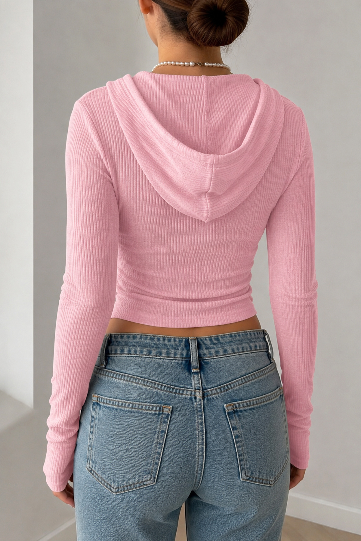 İlayda Toprak Rolly Vücuda Oturan Pembe Fermuarlı Slim Fit Kapüşonlu Bluz görsel 7