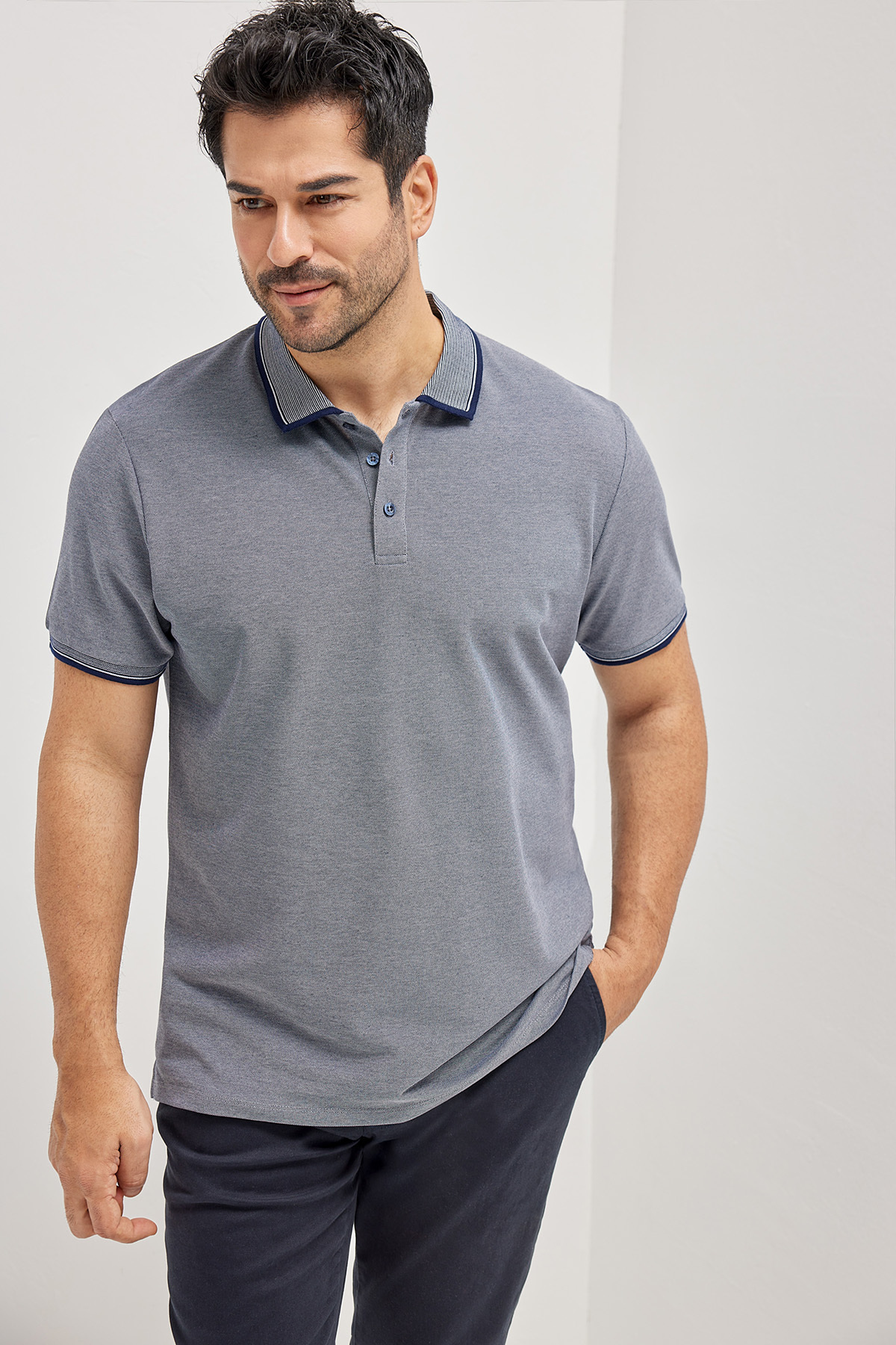 AC&Co / Altınyıldız Classics Men's Non-Shrink Cotton Fabric Slim Fit Slim Cut Navy Non-Curling Polo Collar T-Shirt
