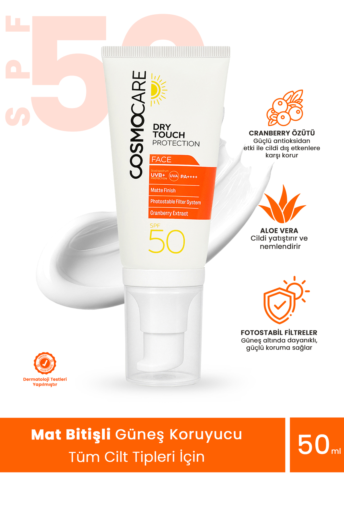 Cosmocare Dry Touch Protection, Mat Bitişli Yağsız Hafif Yüz Güneş Kremi, SPF50, PA++++, 50ml