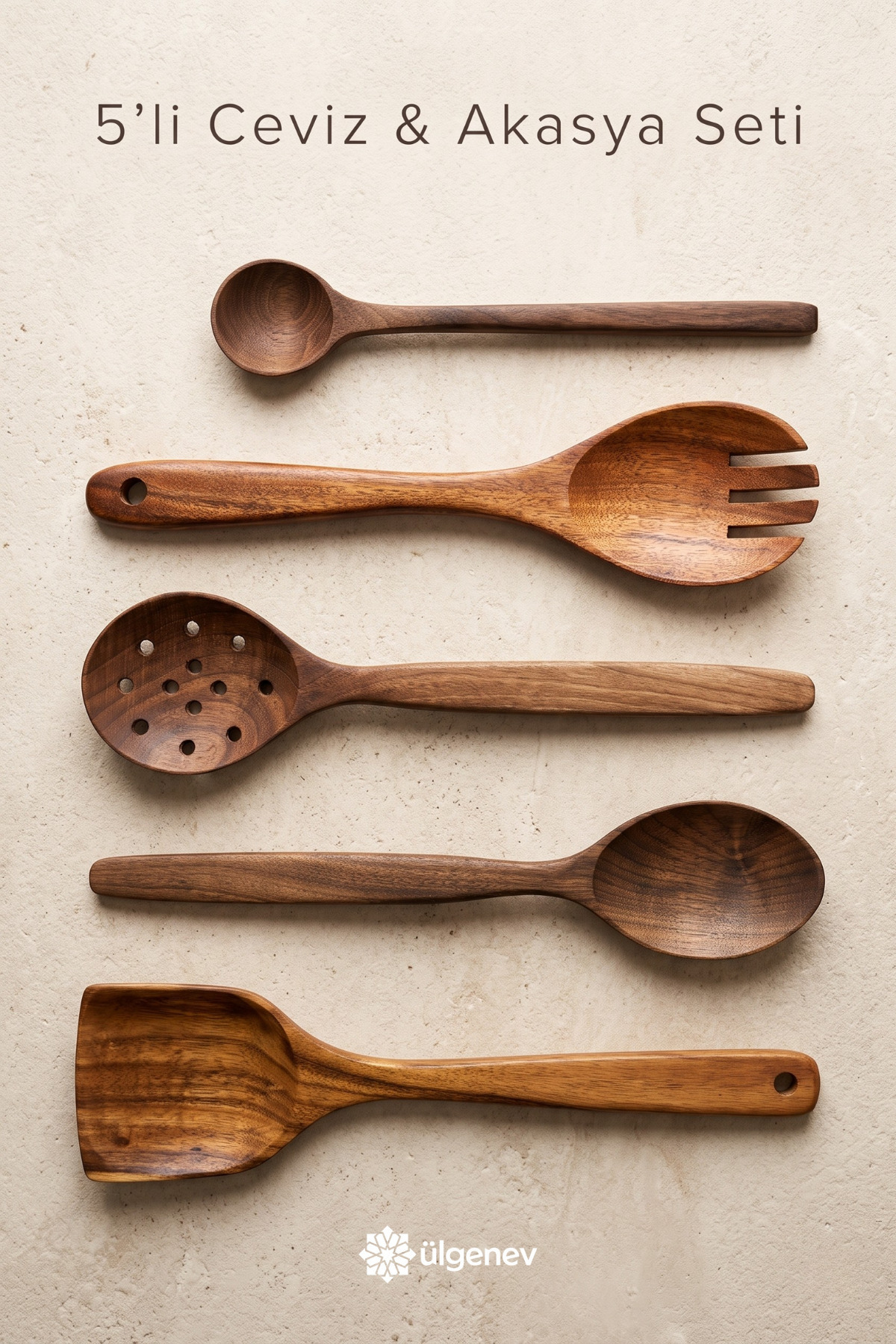 Ülgenev 5-Piece 100% Natural Walnut & Acacia Wood Kitchen Set | 30 cm Spoon Fork Spatula Colander Handmade