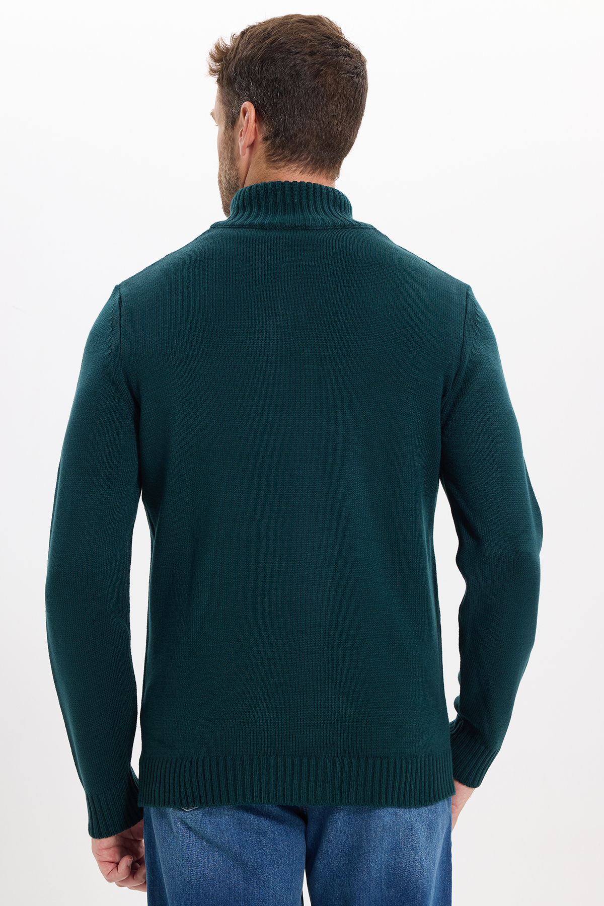 Erkek Slim Fit Dar Kesim Armürlü Fermuarlı Yeşil Dik Yaka Triko Kazak — سبز KZ230014-02 — تصویر 8 از 9