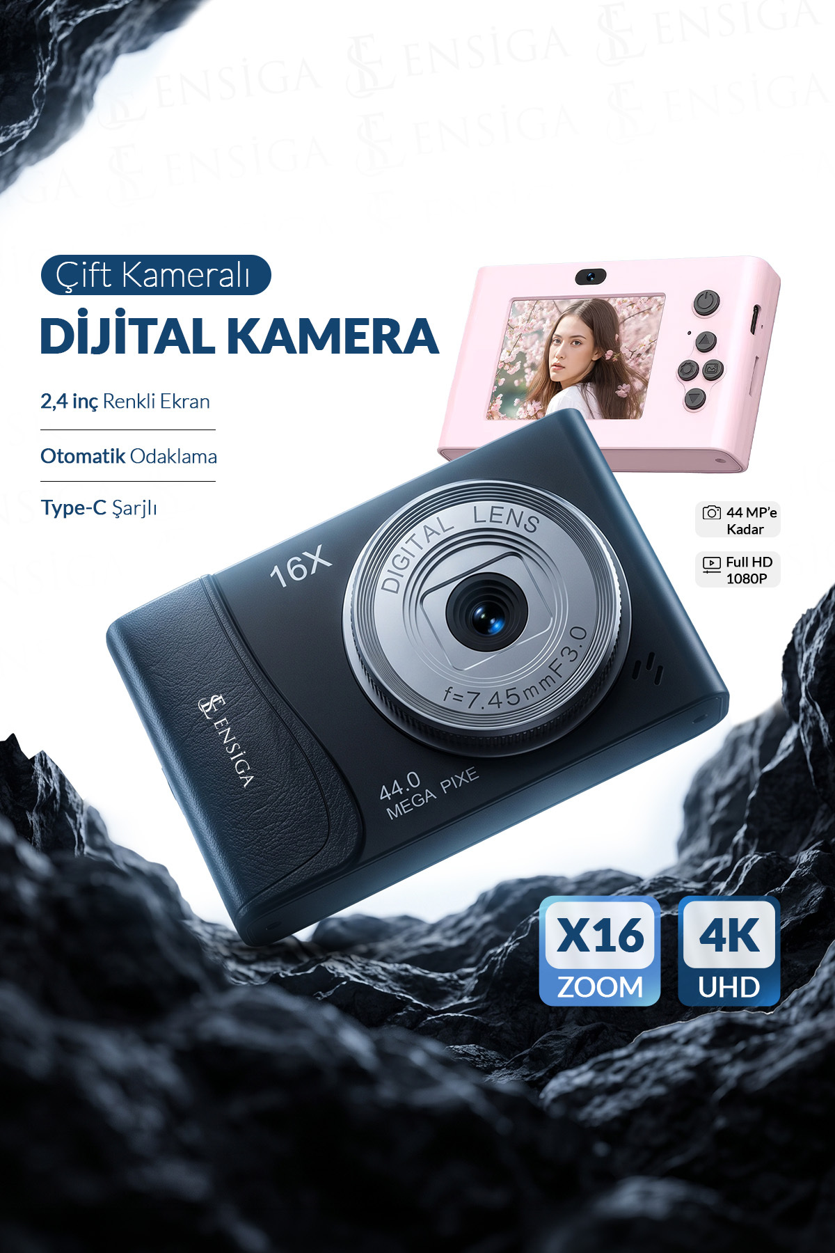 EN SİGA Kompakt Dijital Kamera 44 MP 16X Zoom 1080P Video Şarjlı