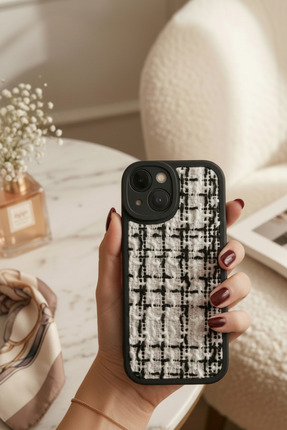 QUSCHU iPhone 13-14 Uyumlu Tweed Kumaş Dokulu Kamera Korumalı Şık Silikon Tel...