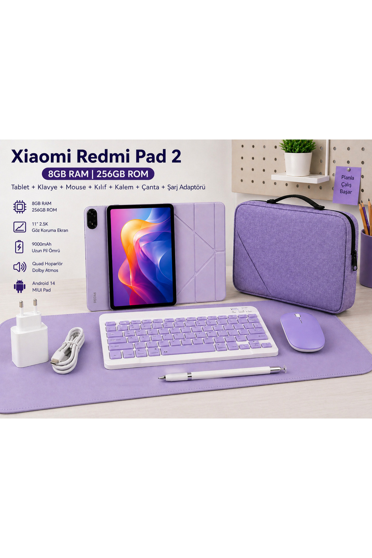 Xiaomi Redmi pad 2 11インチ ラベンダーパープル　ケース付き Xiaomi Redmi Pad 2 8GB RAM 256GB ROM, LİLA KILIF+LİLA ÇANTA+LİLA