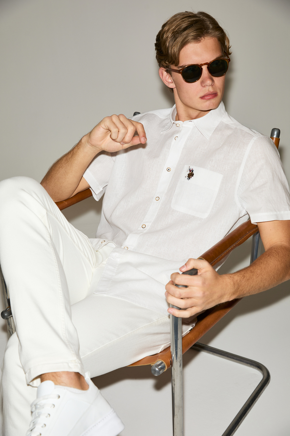 U.S. Polo Assn. Men's White Short Sleeve Linen Blend Shirt 50319023-Vr013