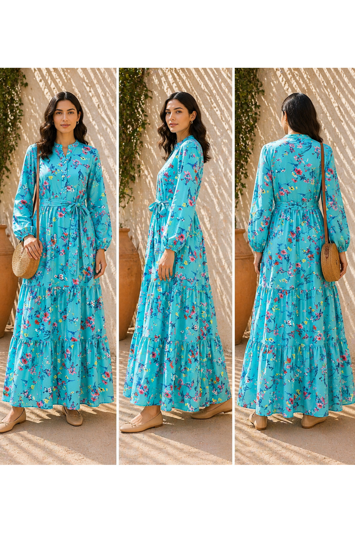 LINELLE Turquoise Blue & Multicolor Floral Print Tiered Casual Dress