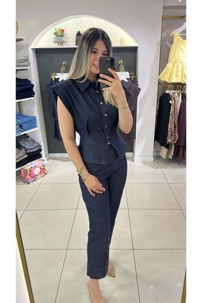 HandeButik KADIN LACİVERT KOT GÖMLEKLİ TAKIM