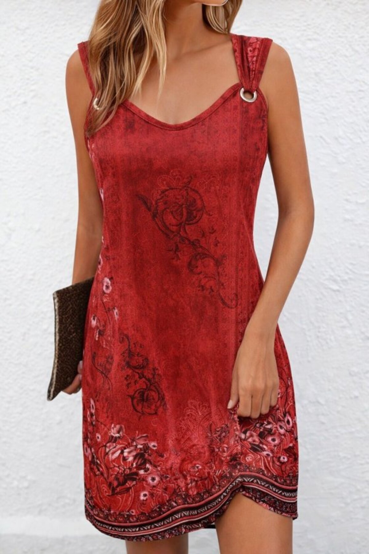 Women's Strapped V-Neck Bird Eye Detailed Patterned Short Single Jersey Dress