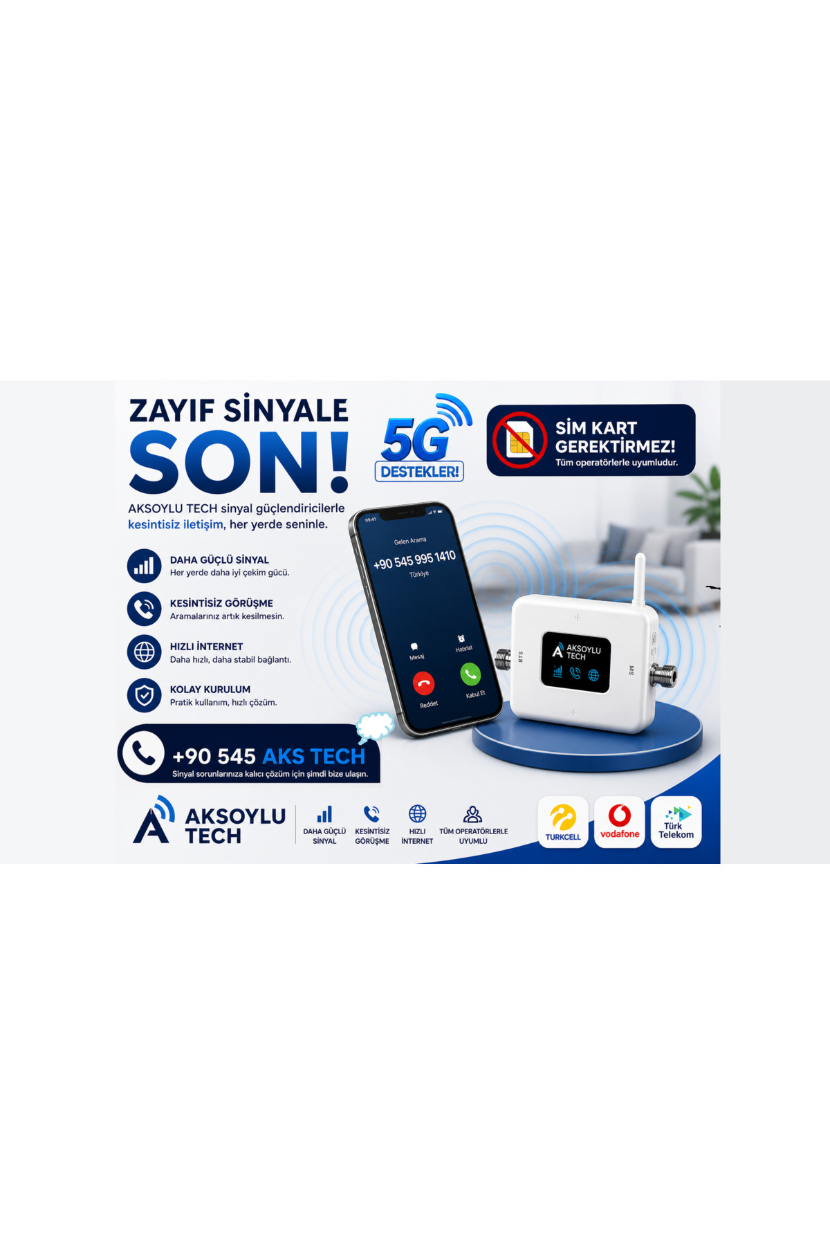 AKSOYLU 3 Band 2 Antenli GSM Sinyal Güçlendirici Şebeke Telefon