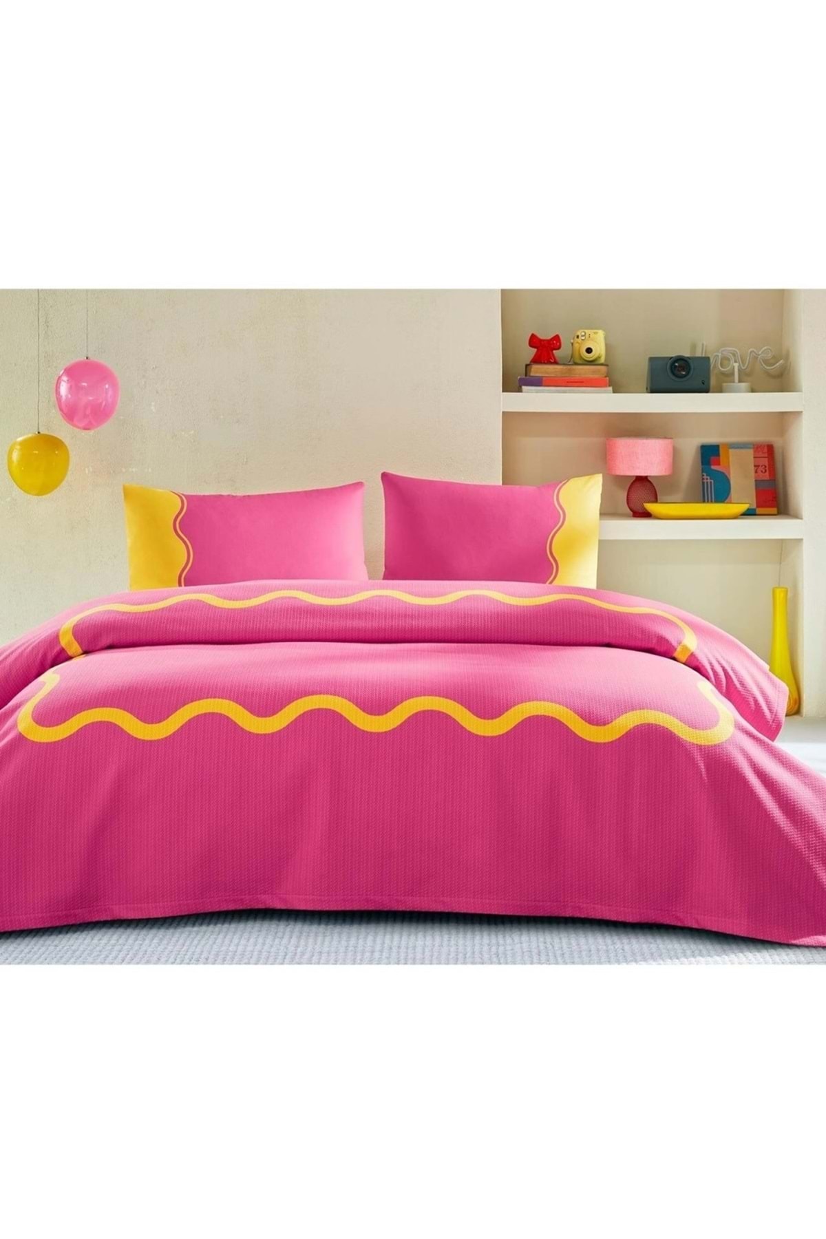 Özdilek Rf -Neon Wave Pembe- Lastikli Çarşaflı Çift Kişilik Pike