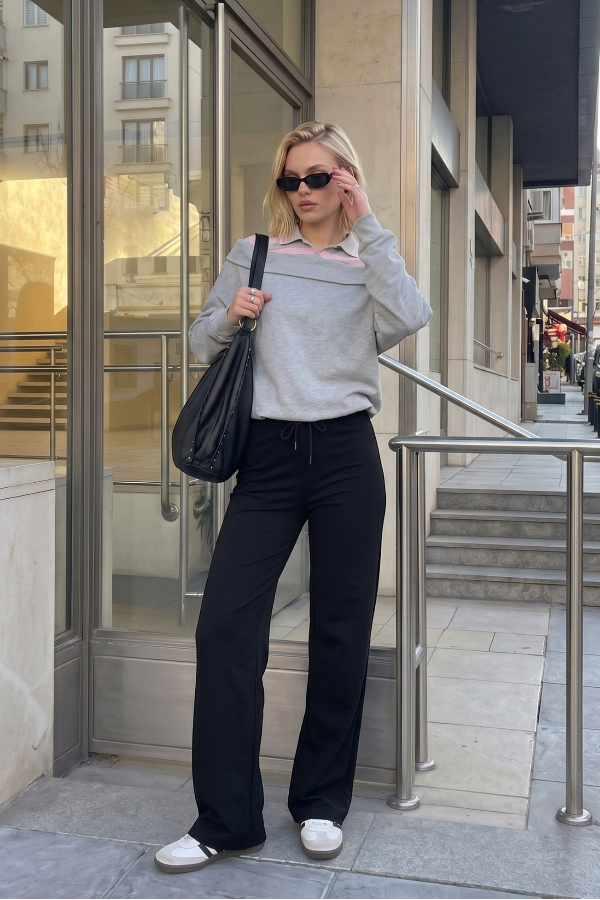 macharel jeans Kadın Ribana Lastikli Bol Paça Palazzo Siyah Eşofman Altı görsel 3