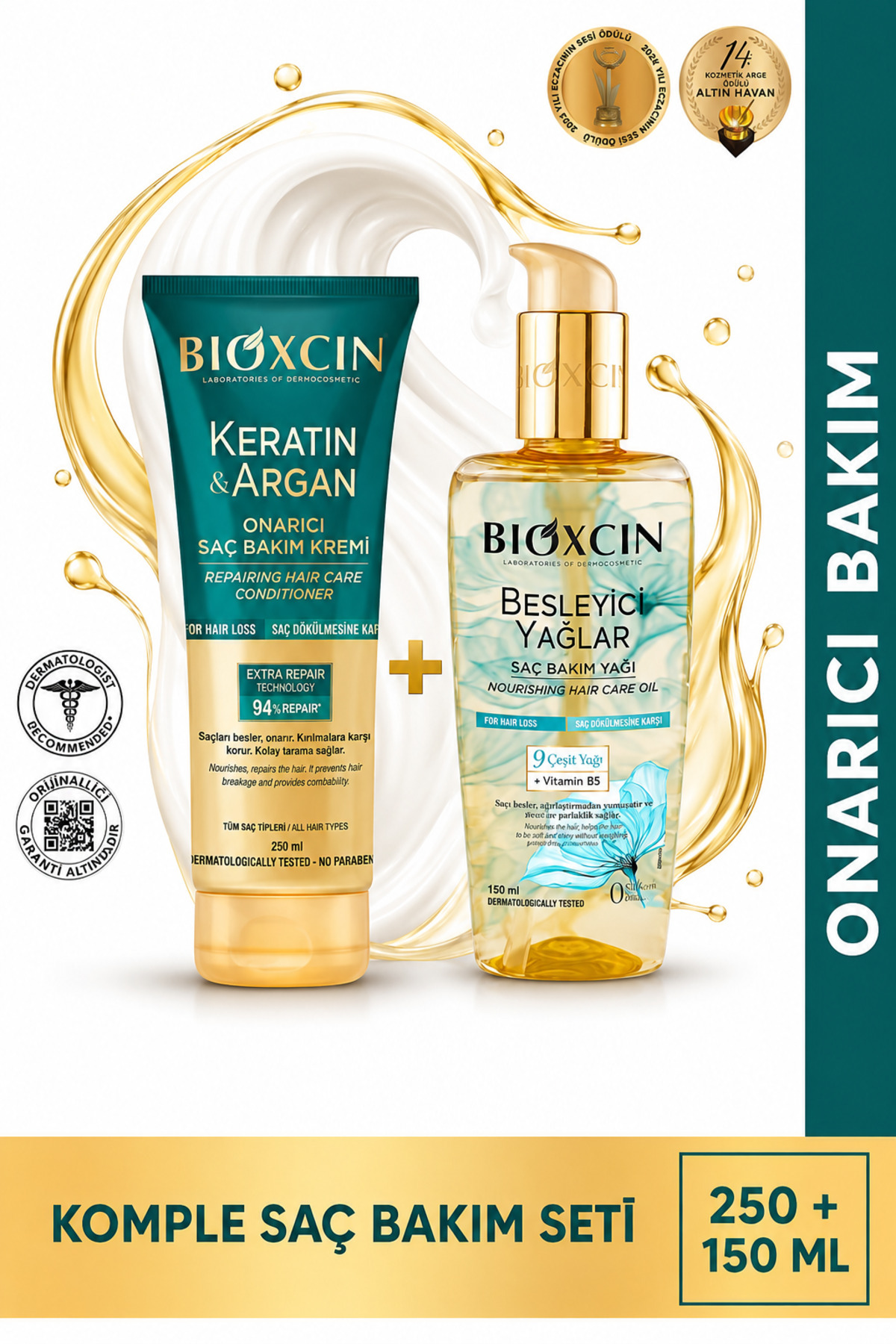 Bioxcin Keratin Argan Saç Bakım Yağı 150 ml + Saç Bakım Kremi 250 ml 2'li Set — BIOX-KA-YAG-KREM-2LI