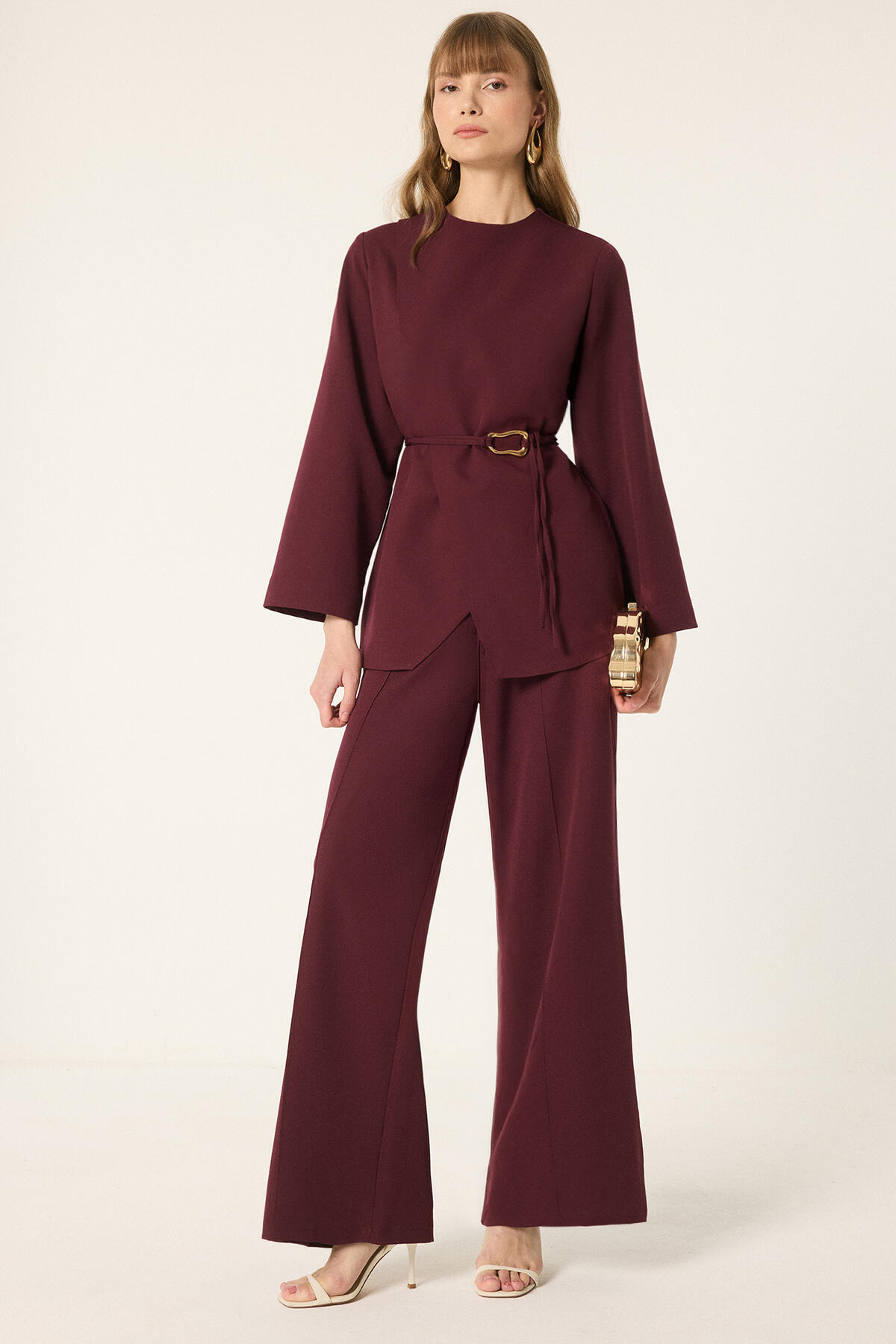Touche Prive Asymmetric Belt Detail Jacket and Pants Set