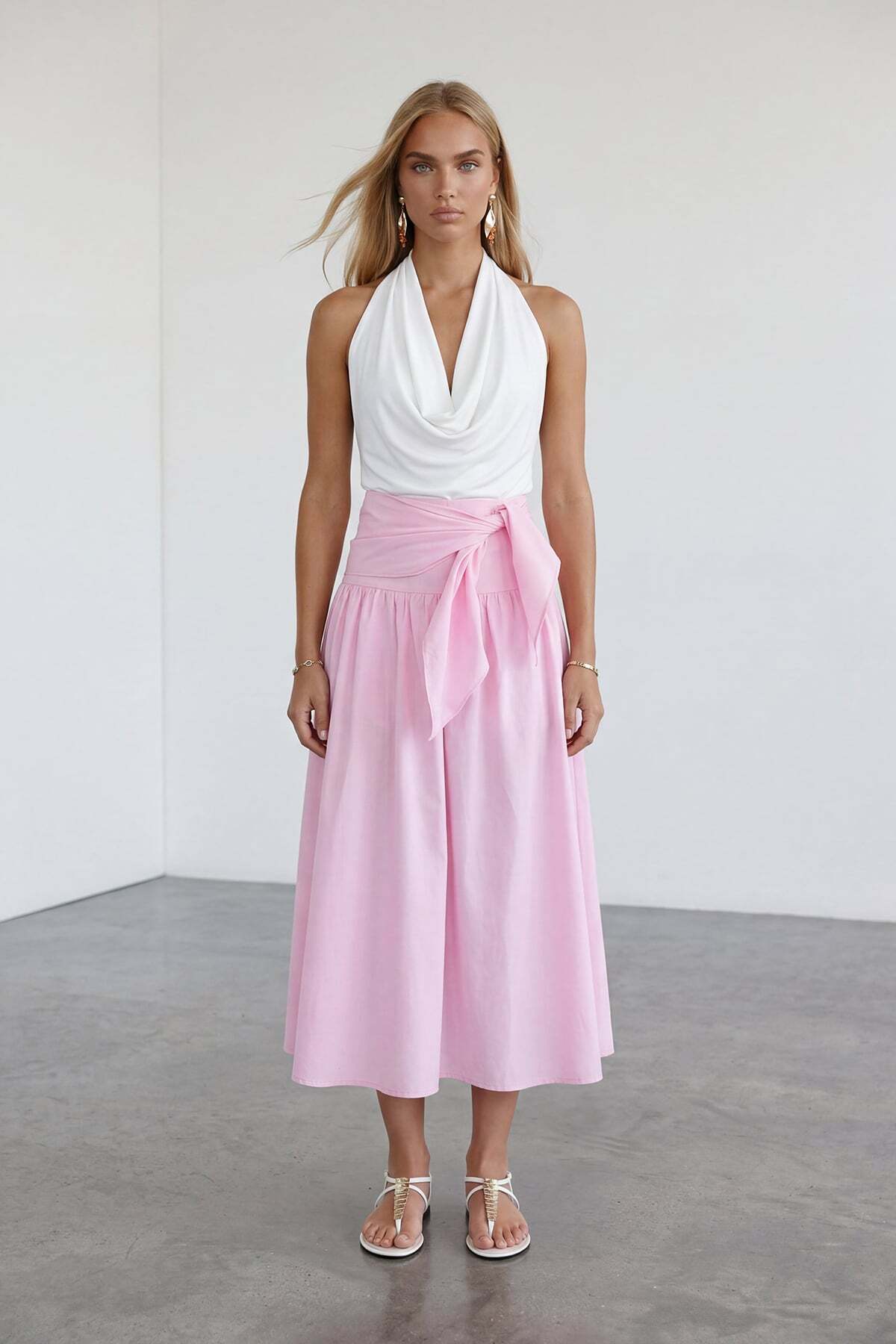 Pink Waist Tied Zipper Lined Midi Poplin Skirt Alc-X15519