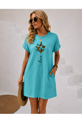 Valeria Butik Kadın Love Baskılı Kelebek Detaylı Kısa Kollu Salaş Tunik Elbise