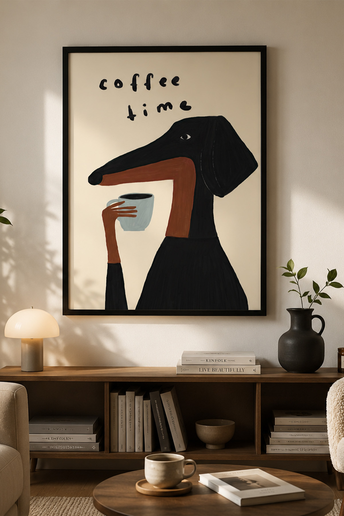 Kahve ve Köpek Poster Mizahi Modern Tablo Duvar Dekoru Çerçevesiz