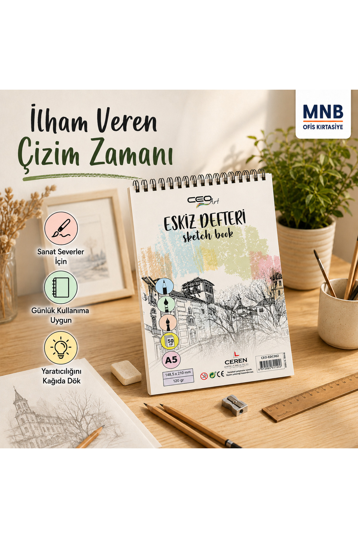 Ceren CEO Art A5 Eskiz Defteri 120 Gr 50 Yaprak - Üstten Spiralli