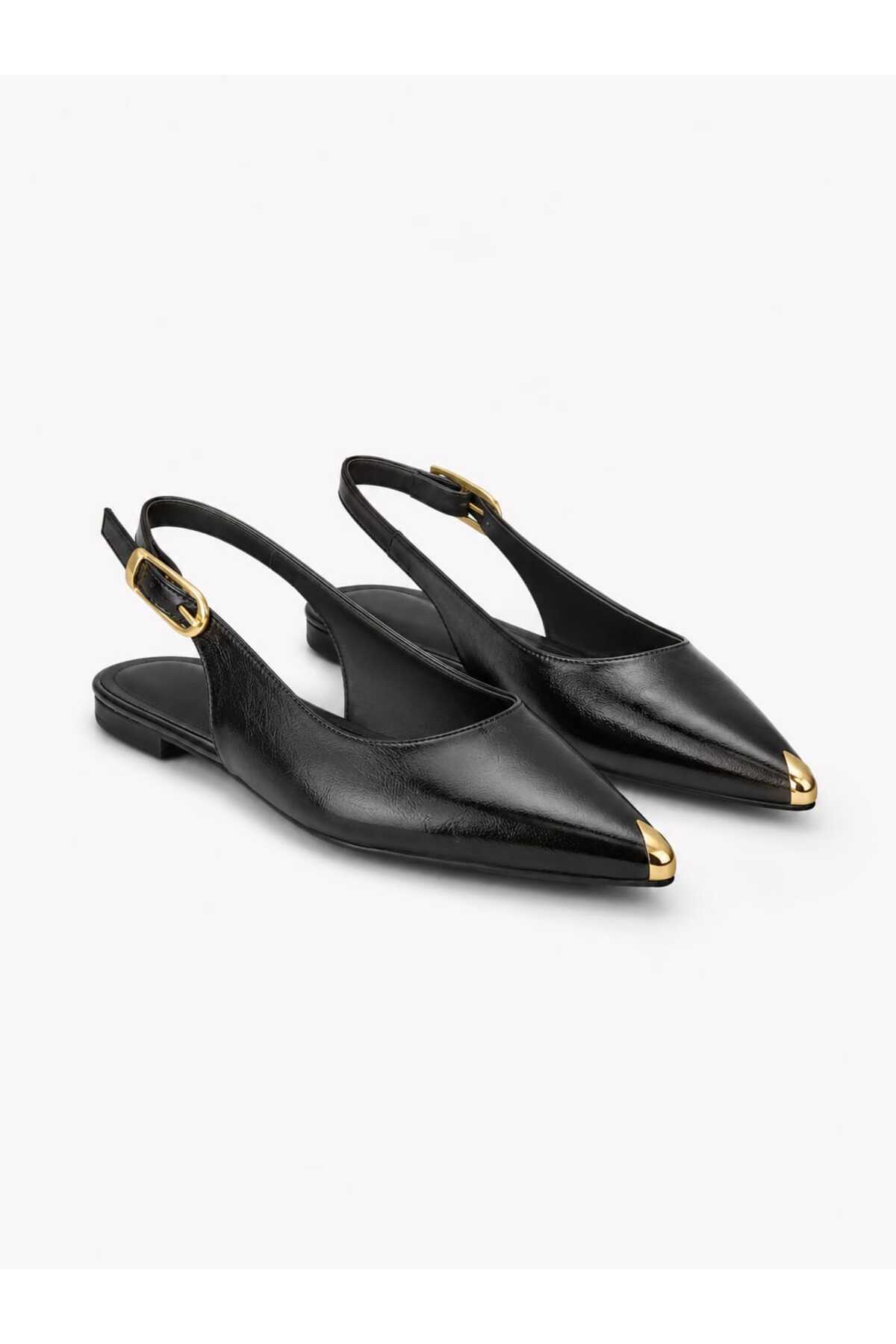 CİMİLİ SHOES Kadın Siyah Kırışık Rugan Metal Burunlu Detay Babet görsel 5