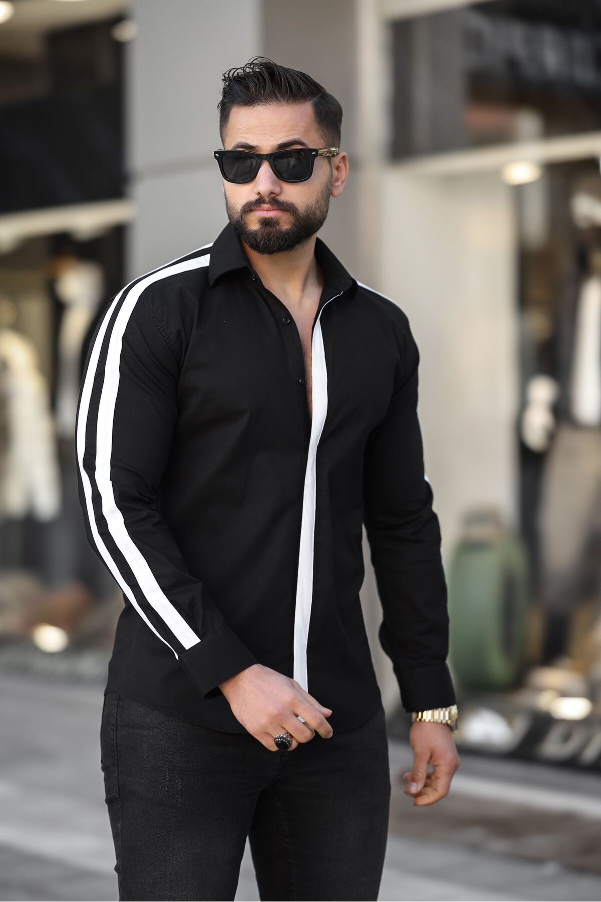BAYIM Erkek Slim-Fit Çift Kol Şeritli ve Kontrast Pat Detaylı Premium Gömlek