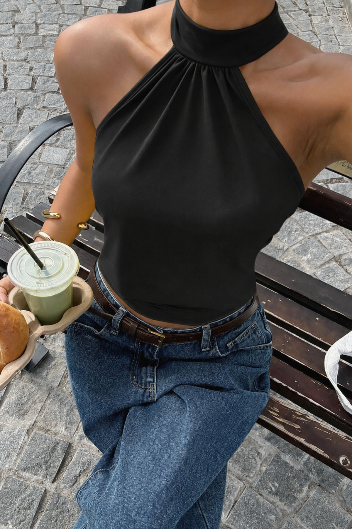 World Fashion Trends  Bele Oturan Bağcıklı Esnek Crop top bluz - Görsel 3