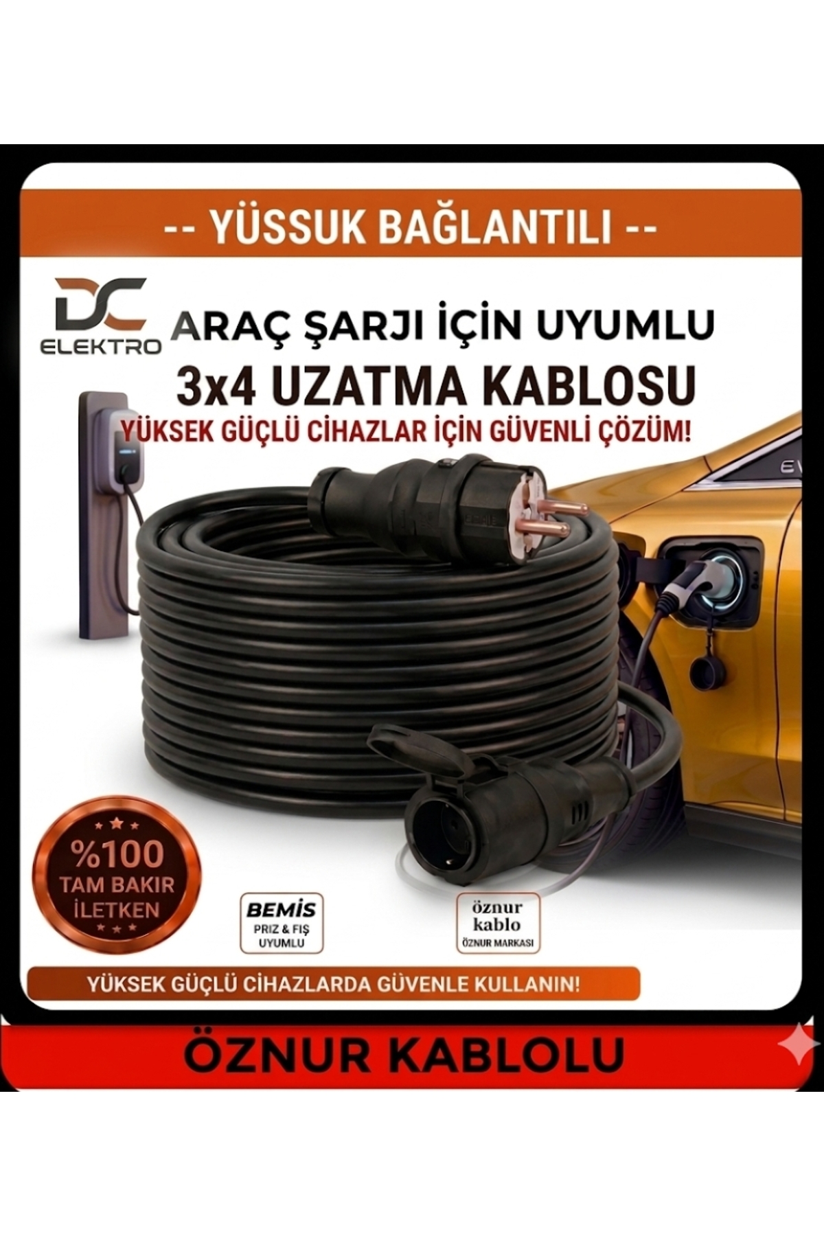 DC-ELEKTRO Öznur kablolu Ev Tipi Araç Şarjı Uyumlu 30 Metre (3x4