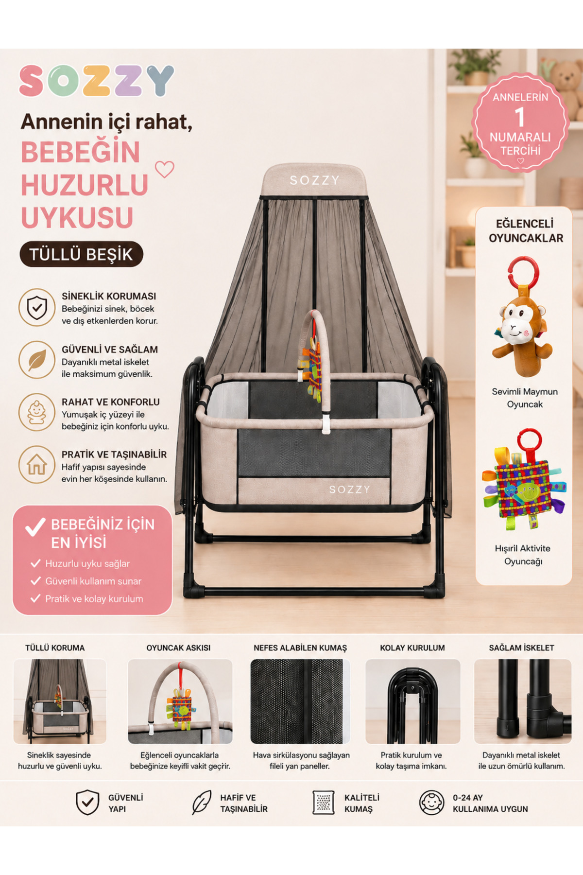 Mother's Side Swinging Tulle Crib | Portable Baby Crib with Mosquito Net + Toy Strap + GIFT