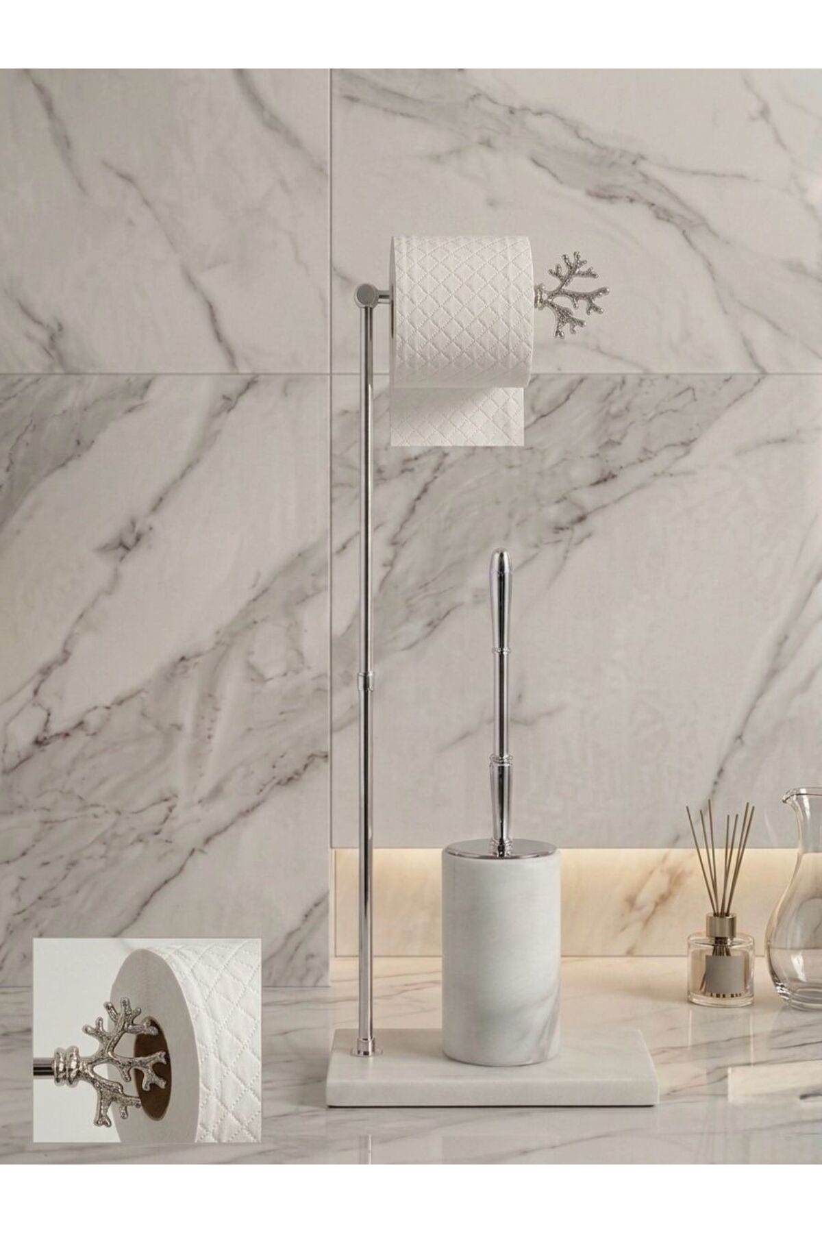 Marble Bathroom Set of 2,WC Brush Holder,Natural Stone Marble WC Paper Holder