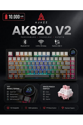 Ajazz Ak820 V2 Ekranlı, Kablosuz Mekanik Oyun Klavyesi-10.000 Mah Batarya
