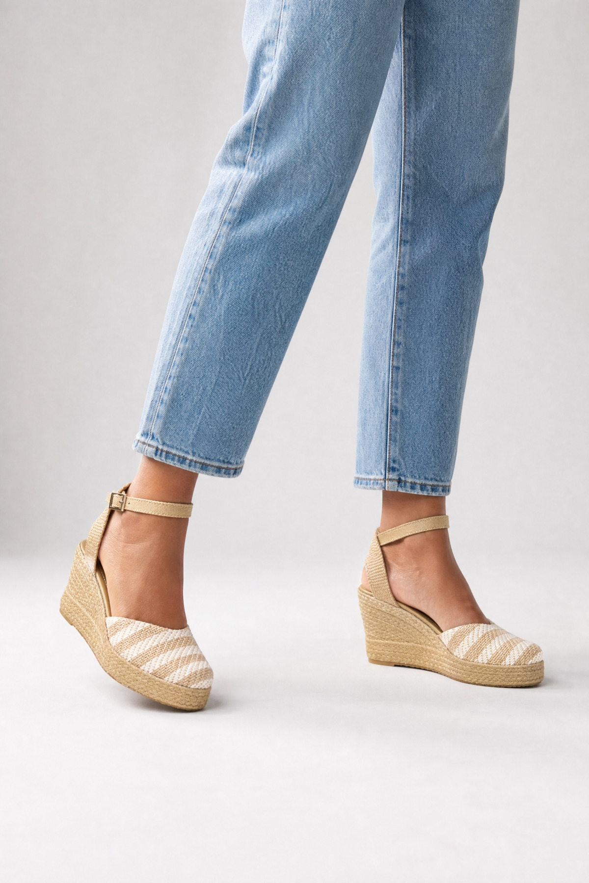 Y&D Shoes Doğal Hasır Çizgili Dolgu Topuk Espadril görsel 2