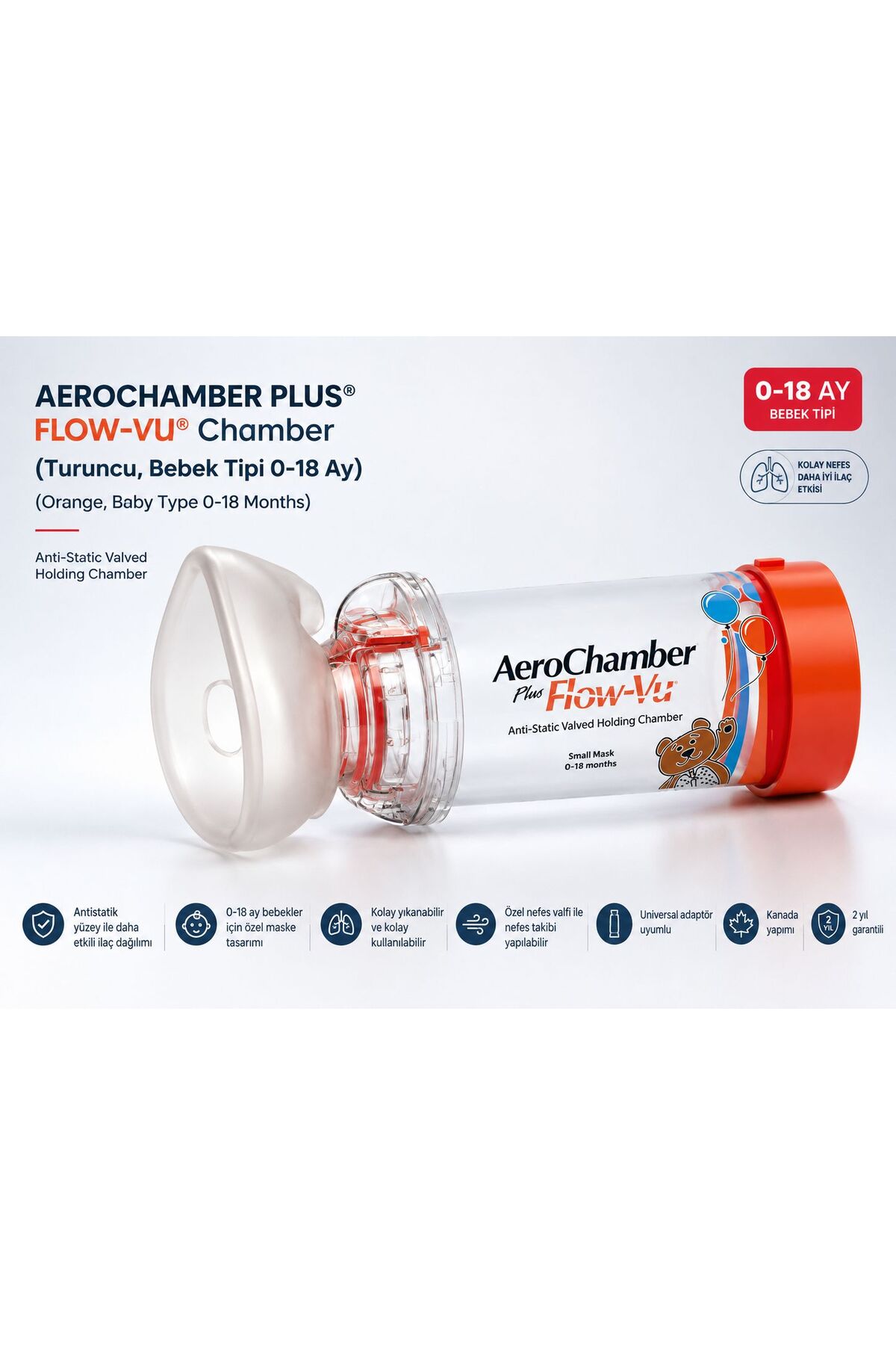 Aerochamber PLUS® FLOW-VU® Chamber (Turuncu, Bebek Tipi 0-18 Ay