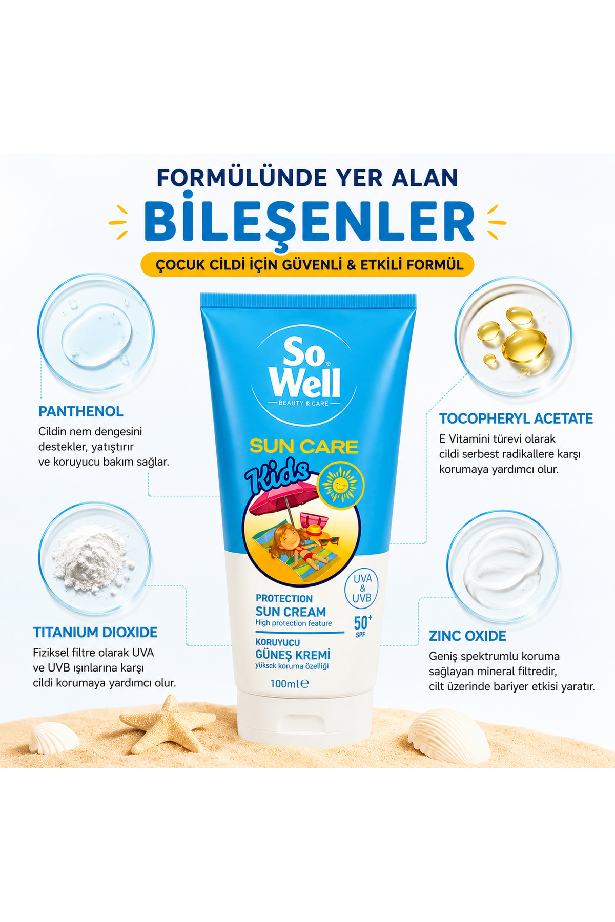 Sun Care Kids SPF 50+ Çocuk Güneş Kremi UVA & UVB Korumaya Yardımcı 100 ml — sw-ksc-100 — تصویر 6 از 6
