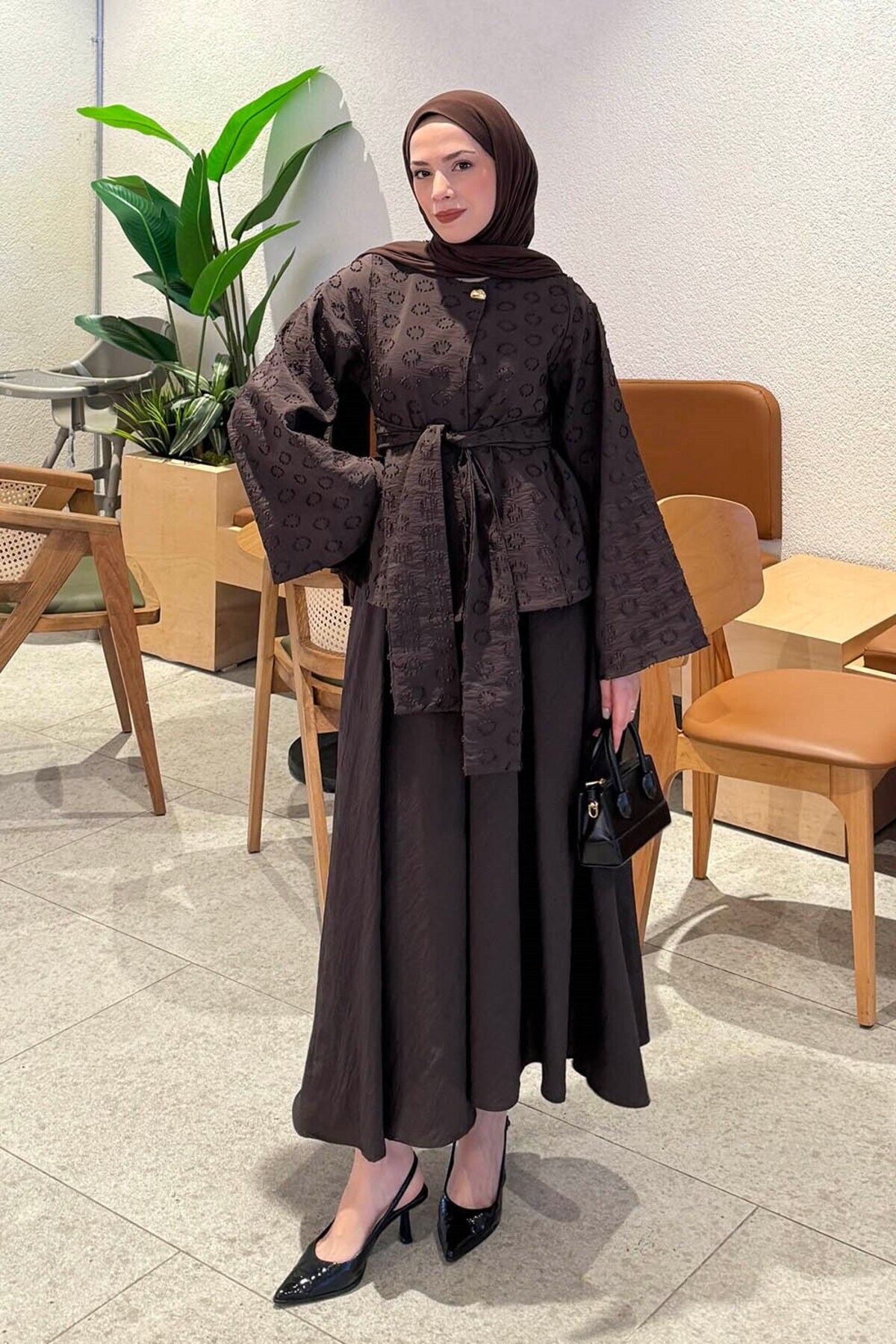 Lamelif Belt Detailed Blouse-Skirt Set Brown