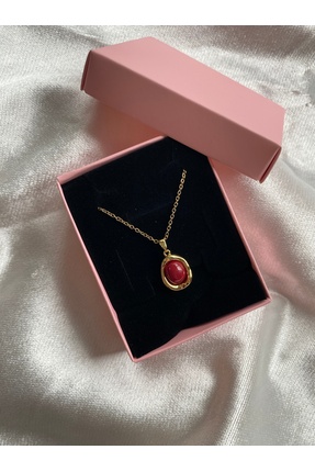 Ezremu Store Vintage Oval Taşlı Renkli Gold Çelik Kolye