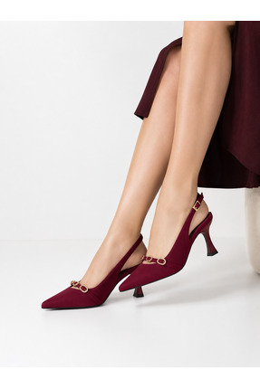 TopukluShoes Bordo Sivri Burun Slingback Kadın Topuklu Ayakkabı Taş Detaylı