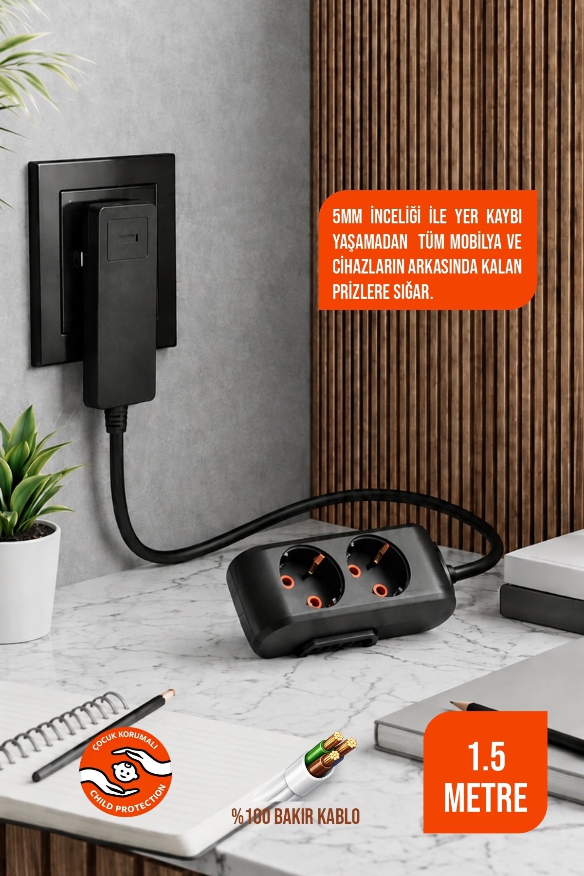 2-Piece Extension Socket with Thin Plug 1.5 Meters White Grounded Group Socket