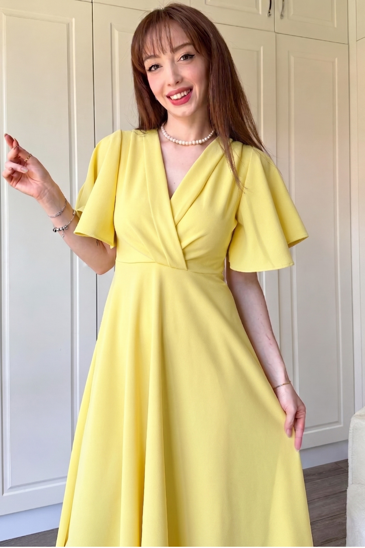 Wrap Collar Sleeve Flywheel Midi Yellow Dress