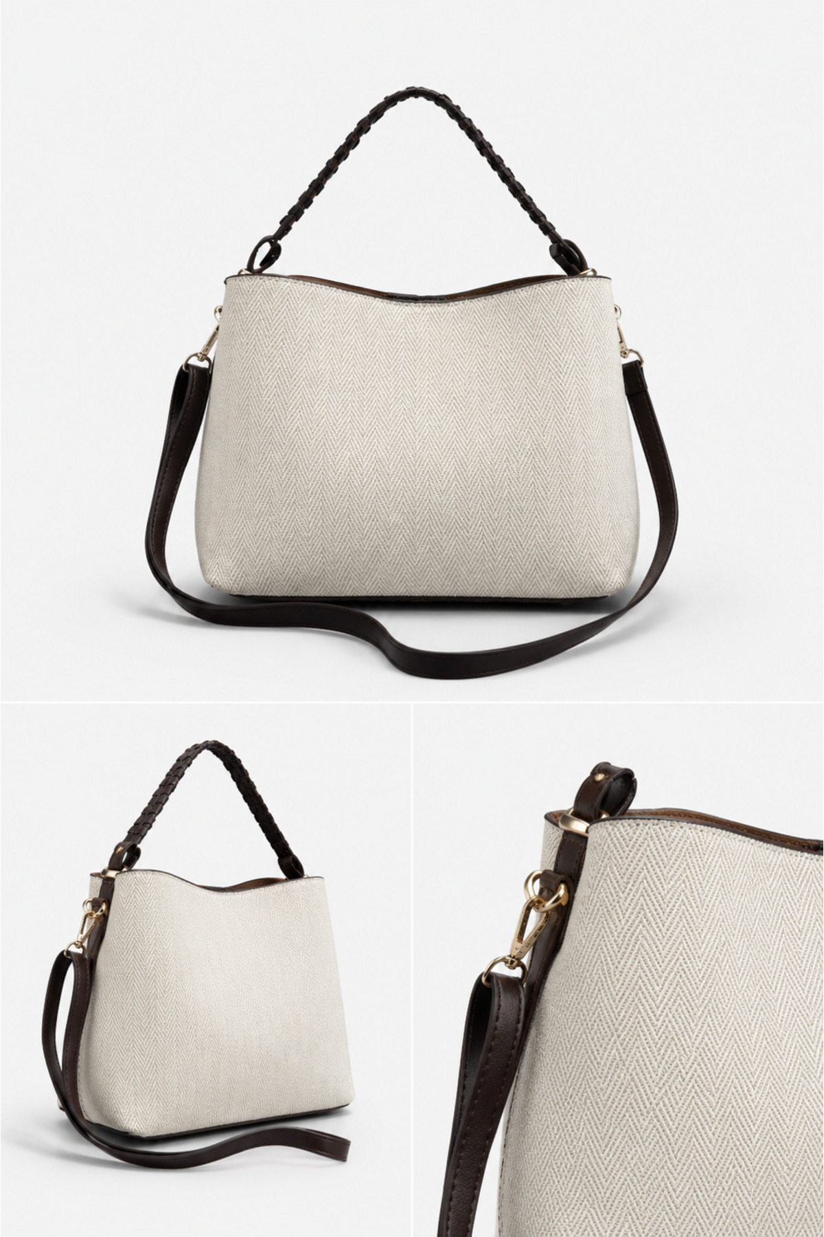 Brown Women's Canvas Textured Hand and Shoulder Bag - Stylish Design with Knitted Handle