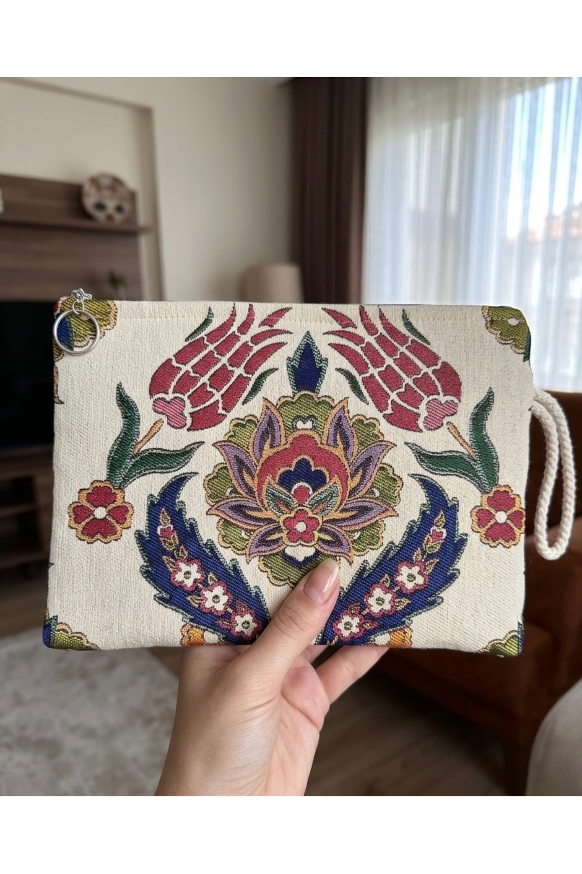 Zehra ana Etnik Lale Desenli Goblen El Çantası Clutch Çanta görsel 2