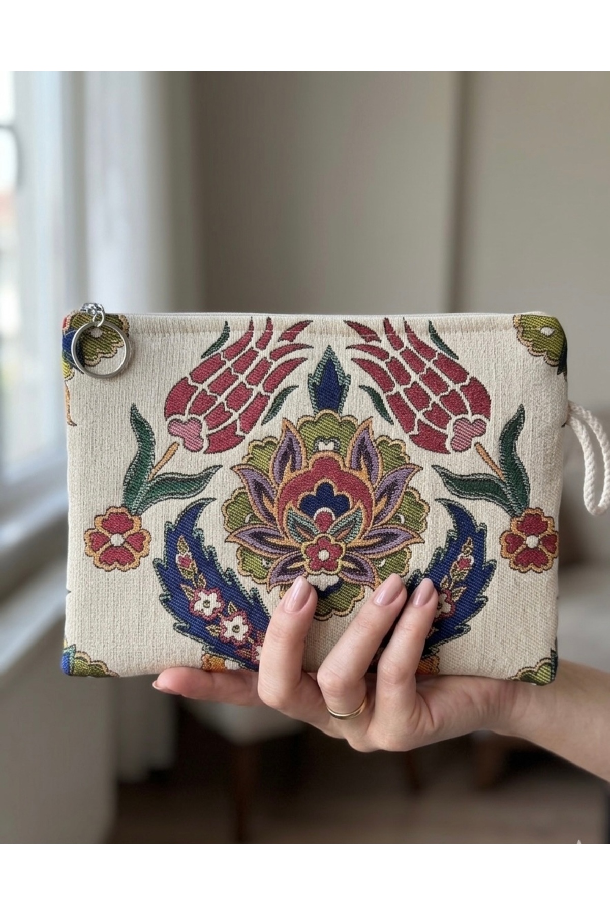 Zehra ana Etnik Lale Desenli Goblen El Çantası Clutch Çanta